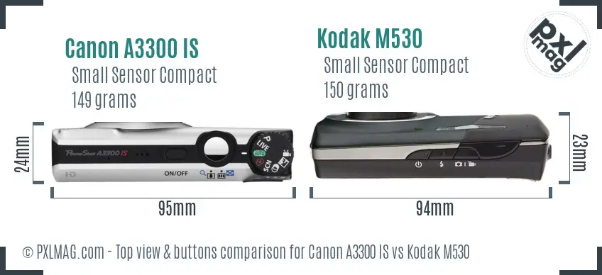 Canon A3300 IS vs Kodak M530 top view buttons comparison