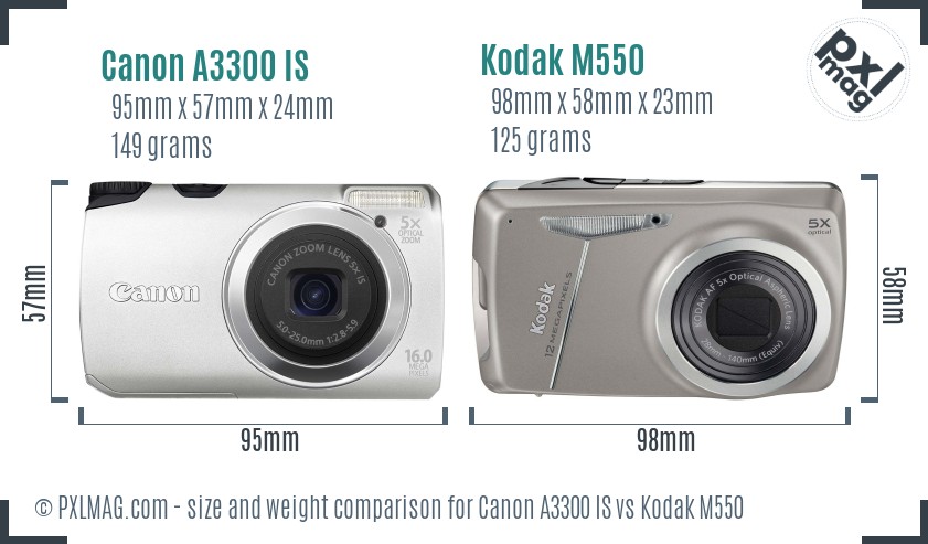 Canon A3300 IS vs Kodak M550 size comparison
