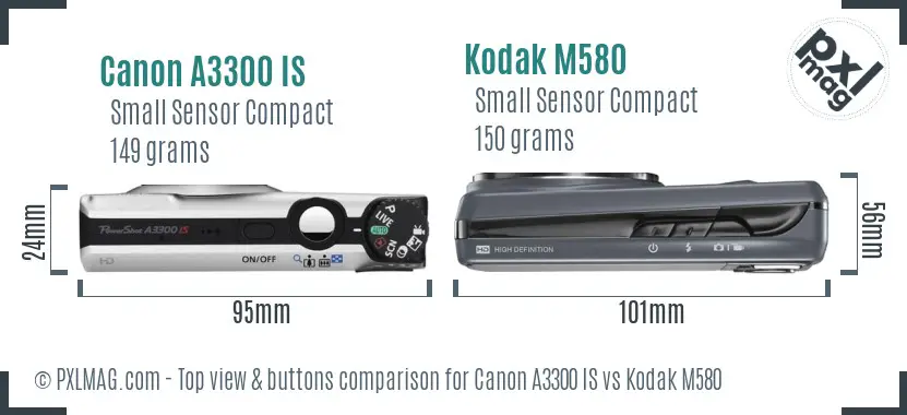 Canon A3300 IS vs Kodak M580 top view buttons comparison