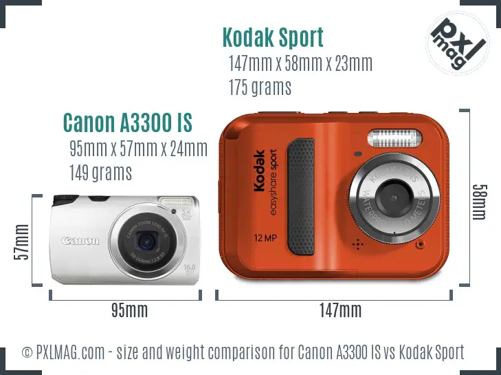Canon A3300 IS vs Kodak Sport size comparison Canon A3300 IS vs Kodak Sport size comparison