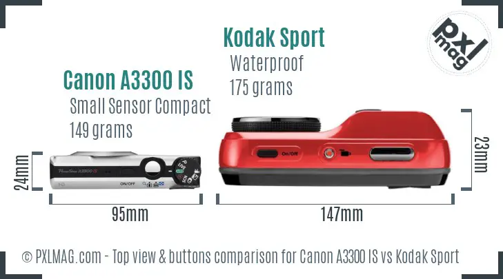 Canon A3300 IS vs Kodak Sport top view buttons comparison Canon A3300 IS vs Kodak Sport top view buttons comparison