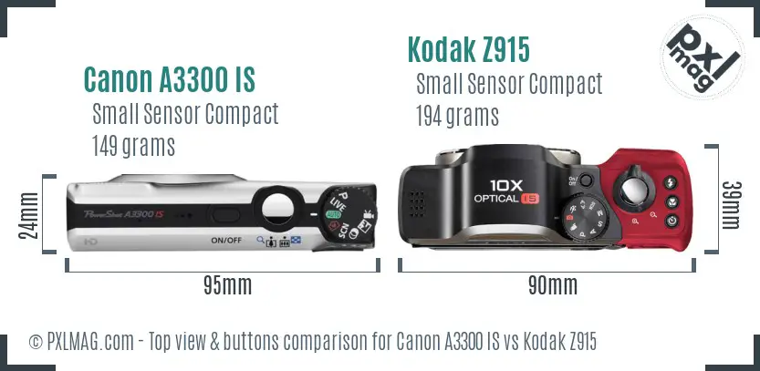 Canon A3300 IS vs Kodak Z915 top view buttons comparison Canon A3300 IS vs Kodak Z915 top view buttons comparison
