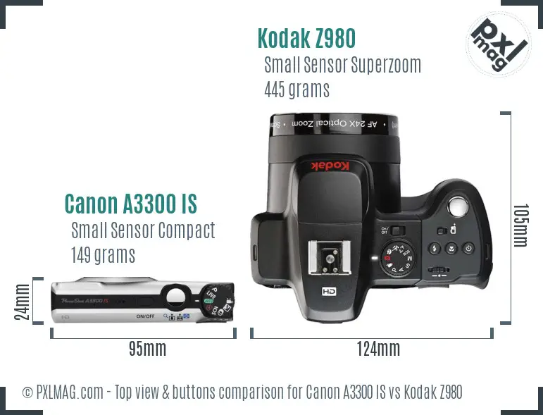 Canon A3300 IS vs Kodak Z980 top view buttons comparison