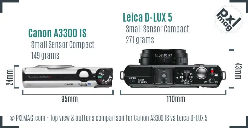 Canon A3300 IS vs Leica D-LUX 5 top view buttons comparison