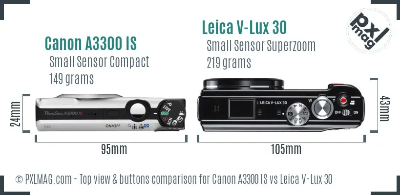 Canon A3300 IS vs Leica V-Lux 30 top view buttons comparison