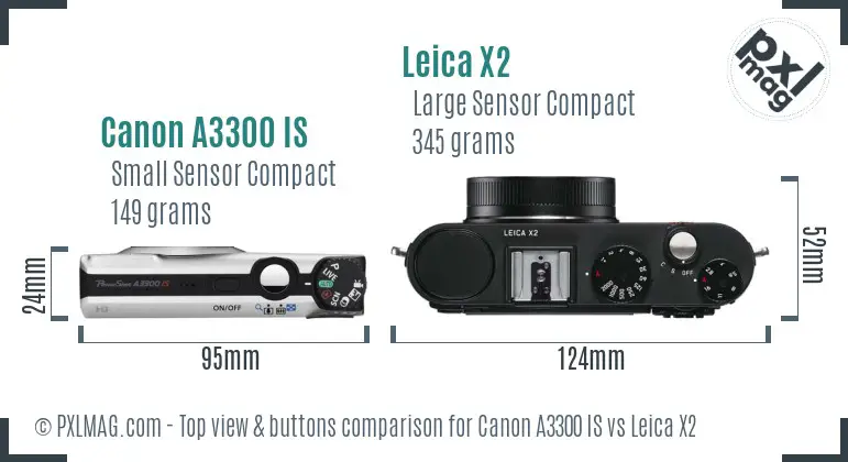 Canon A3300 IS vs Leica X2 top view buttons comparison