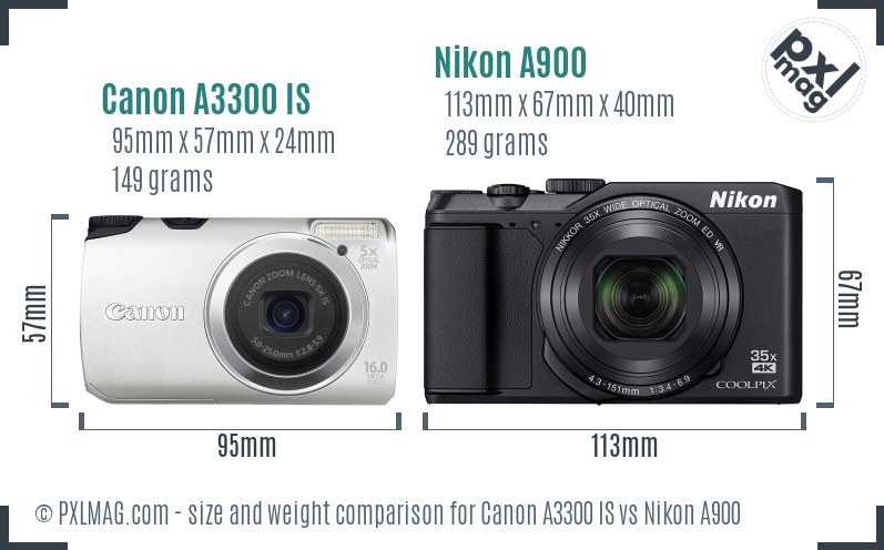 Canon A3300 IS vs Nikon A900 size comparison