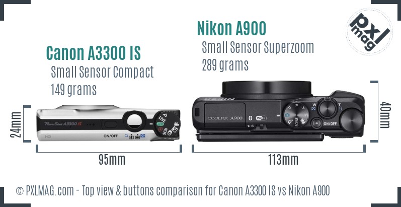 Canon A3300 IS vs Nikon A900 top view buttons comparison