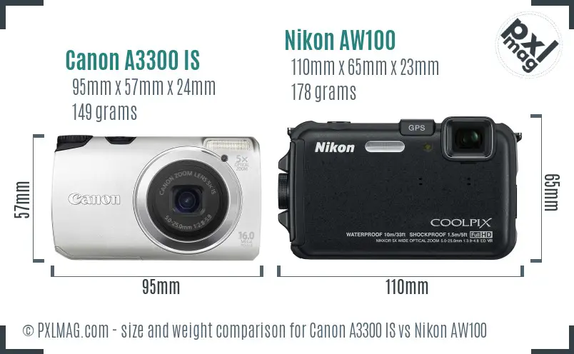 Canon A3300 IS vs Nikon AW100 size comparison