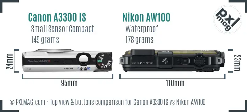 Canon A3300 IS vs Nikon AW100 top view buttons comparison