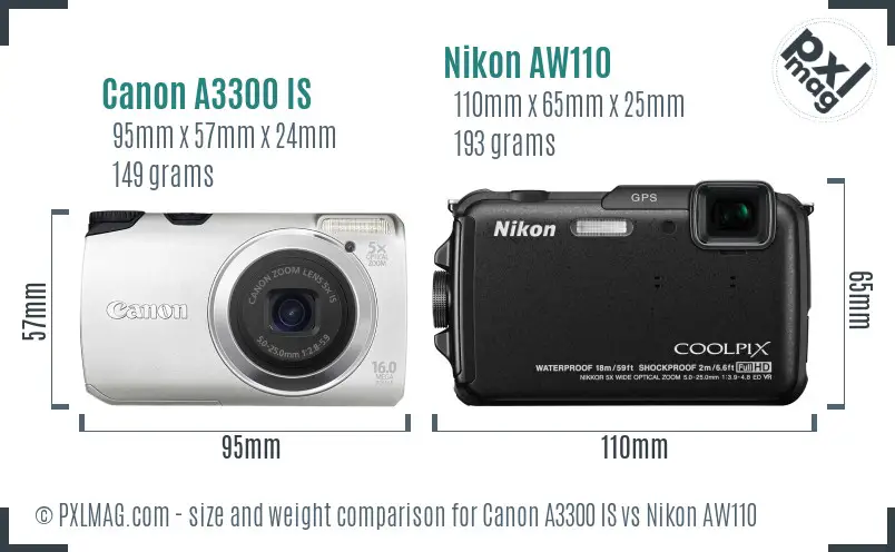 Canon A3300 IS vs Nikon AW110 size comparison