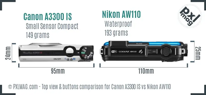 Canon A3300 IS vs Nikon AW110 top view buttons comparison