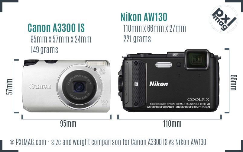 Canon A3300 IS vs Nikon AW130 size comparison