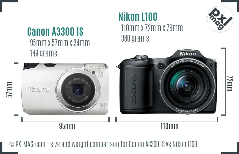 Canon A3300 IS vs Nikon L100 size comparison