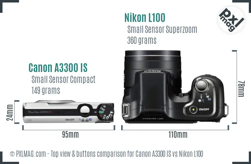 Canon A3300 IS vs Nikon L100 top view buttons comparison