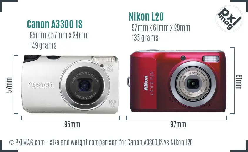 Canon A3300 IS vs Nikon L20 size comparison