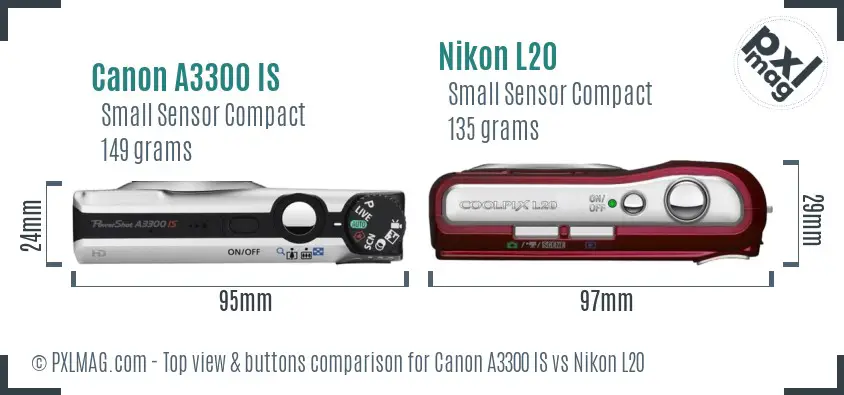 Canon A3300 IS vs Nikon L20 top view buttons comparison