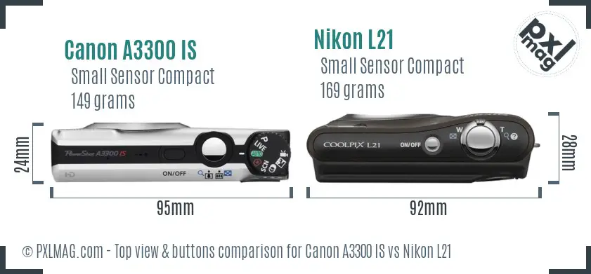 Canon A3300 IS vs Nikon L21 top view buttons comparison