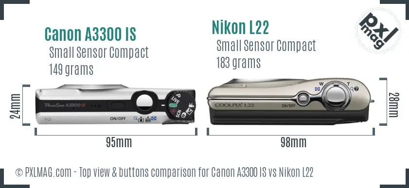 Canon A3300 IS vs Nikon L22 top view buttons comparison