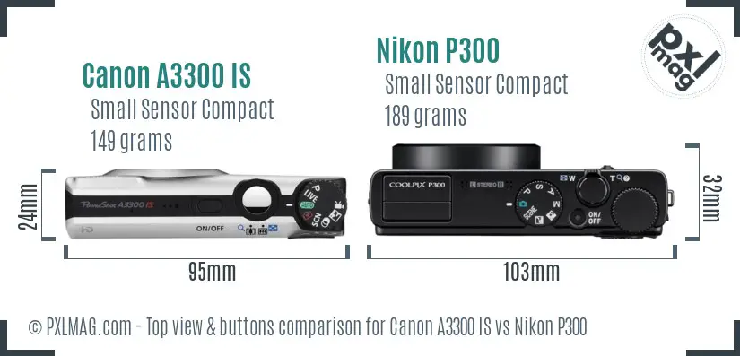 Canon A3300 IS vs Nikon P300 top view buttons comparison Canon A3300 IS vs Nikon P300 top view buttons comparison