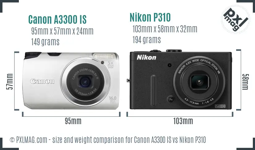 Canon A3300 IS vs Nikon P310 size comparison