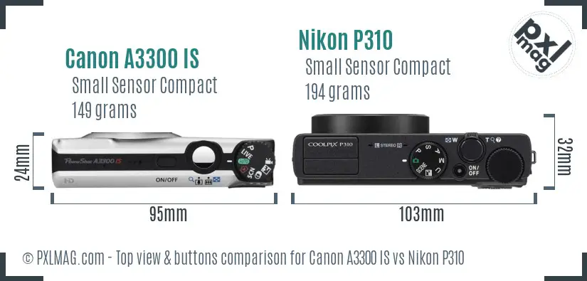Canon A3300 IS vs Nikon P310 top view buttons comparison