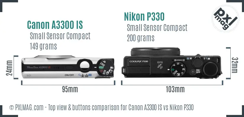 Canon A3300 IS vs Nikon P330 top view buttons comparison