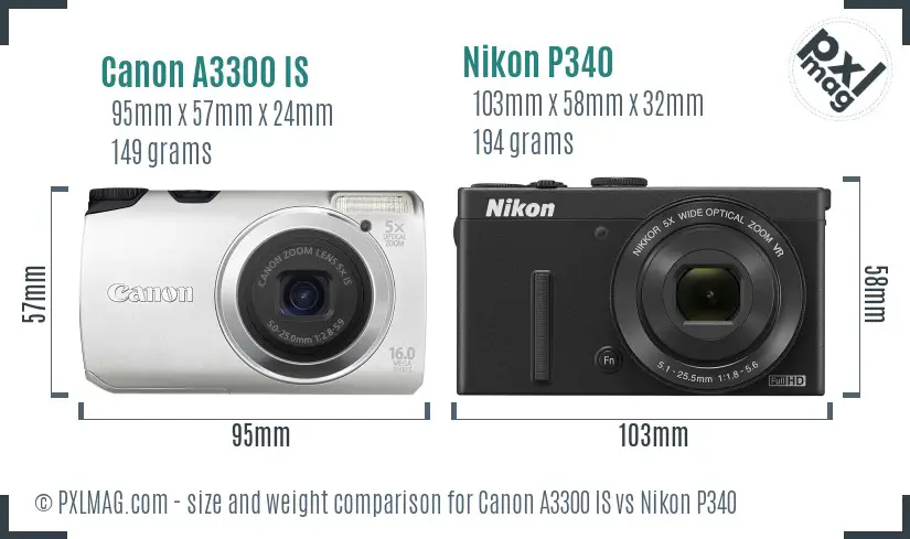 Canon A3300 IS vs Nikon P340 size comparison