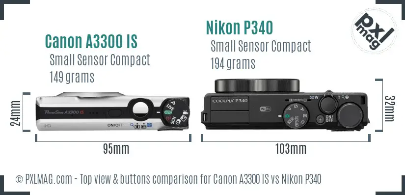 Canon A3300 IS vs Nikon P340 top view buttons comparison