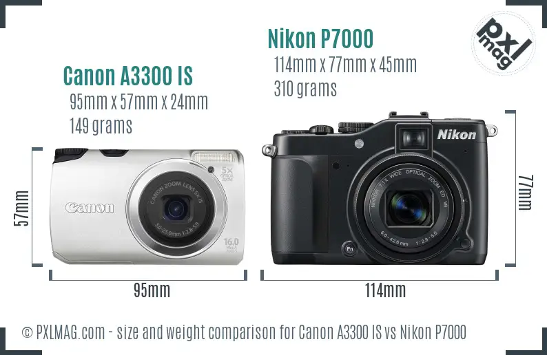 Canon A3300 IS vs Nikon P7000 size comparison