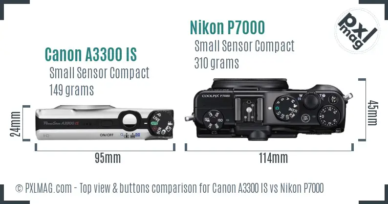 Canon A3300 IS vs Nikon P7000 top view buttons comparison