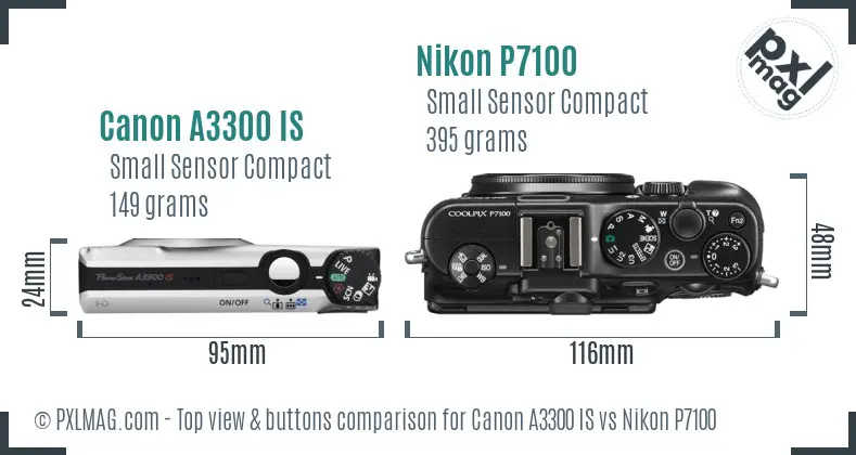 Canon A3300 IS vs Nikon P7100 top view buttons comparison Canon A3300 IS vs Nikon P7100 top view buttons comparison