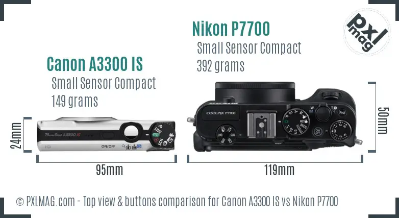 Canon A3300 IS vs Nikon P7700 top view buttons comparison
