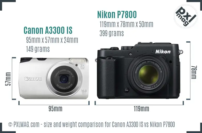 Canon A3300 IS vs Nikon P7800 size comparison