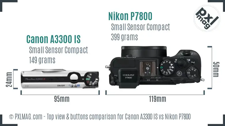 Canon A3300 IS vs Nikon P7800 top view buttons comparison