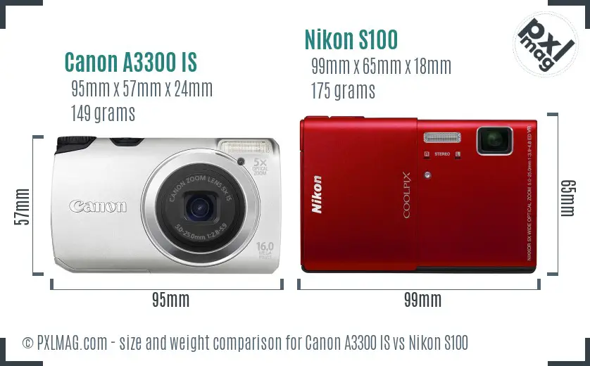 Canon A3300 IS vs Nikon S100 size comparison Canon A3300 IS vs Nikon S100 size comparison