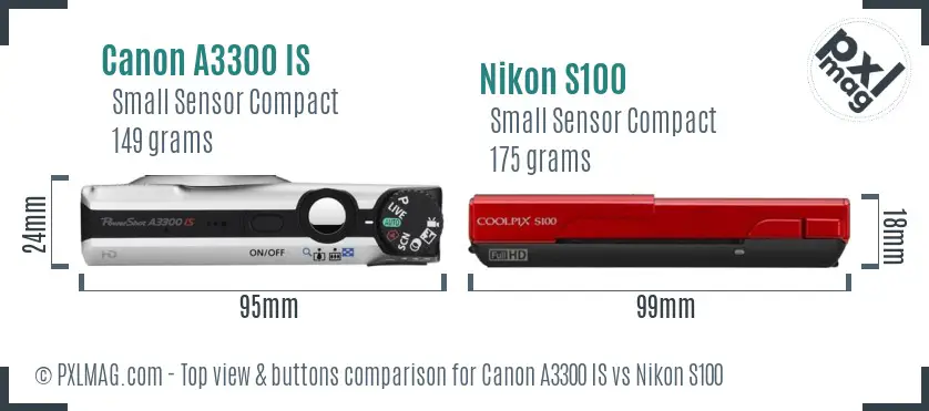 Canon A3300 IS vs Nikon S100 top view buttons comparison