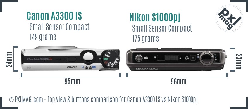 Canon A3300 IS vs Nikon S1000pj top view buttons comparison