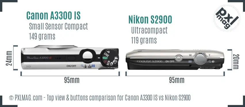 Canon A3300 IS vs Nikon S2900 top view buttons comparison