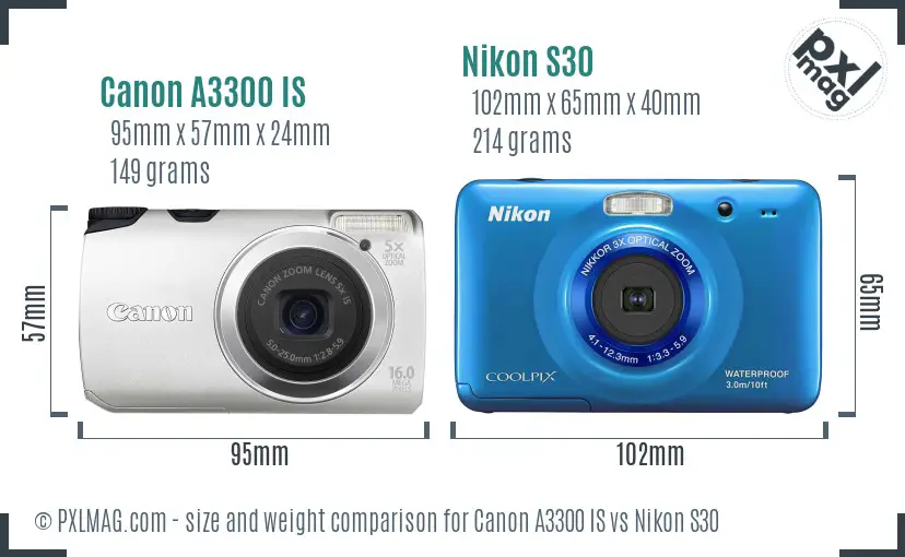 Canon A3300 IS vs Nikon S30 size comparison