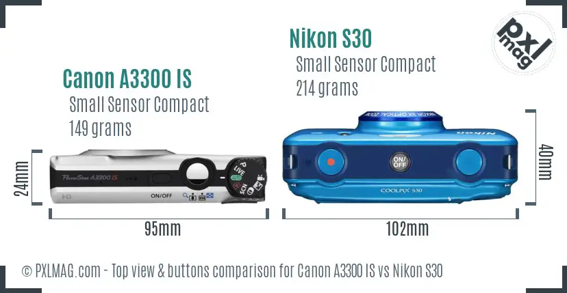 Canon A3300 IS vs Nikon S30 top view buttons comparison