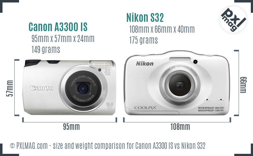 Canon A3300 IS vs Nikon S32 size comparison