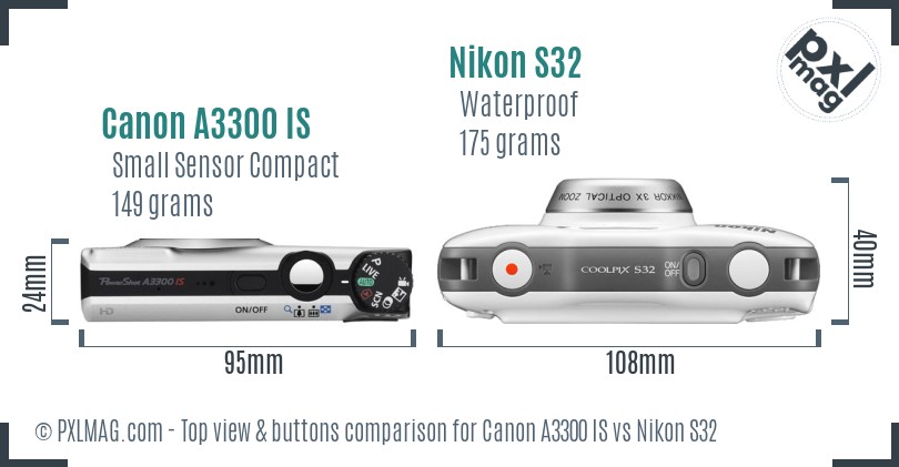 Canon A3300 IS vs Nikon S32 top view buttons comparison