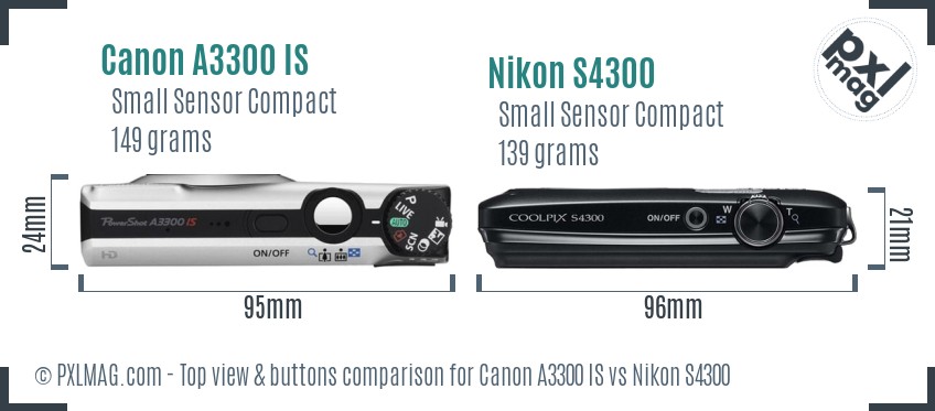 Canon A3300 IS vs Nikon S4300 top view buttons comparison