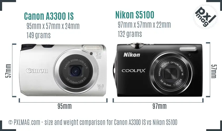 Canon A3300 IS vs Nikon S5100 size comparison
