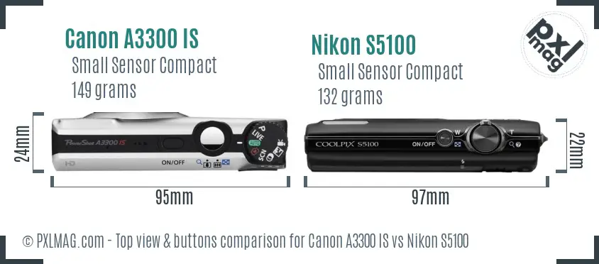 Canon A3300 IS vs Nikon S5100 top view buttons comparison