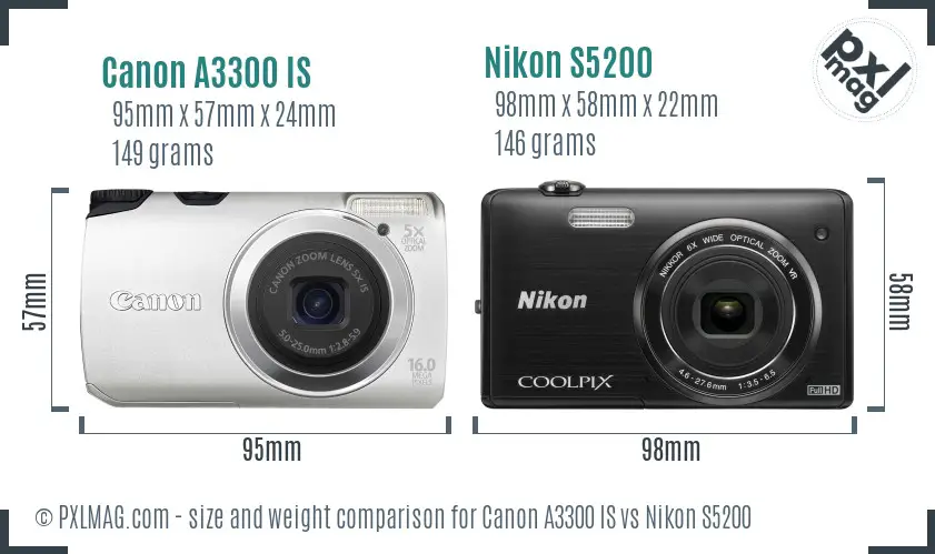 Canon A3300 IS vs Nikon S5200 size comparison