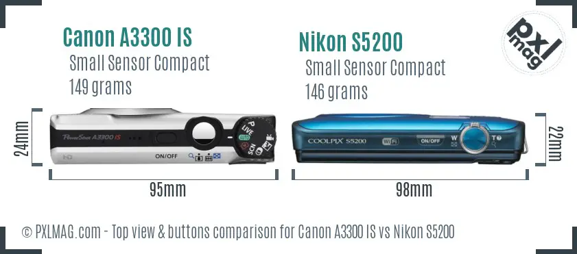 Canon A3300 IS vs Nikon S5200 top view buttons comparison