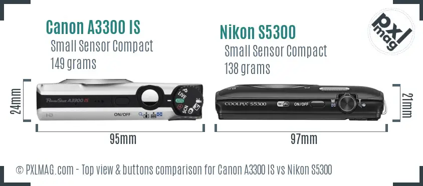 Canon A3300 IS vs Nikon S5300 top view buttons comparison