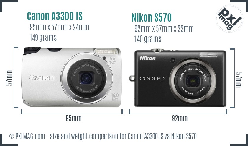 Canon A3300 IS vs Nikon S570 size comparison Canon A3300 IS vs Nikon S570 size comparison